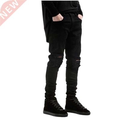 New Men lack Ripped Skinny Jeans Hip Hop swag Denim Scratch
