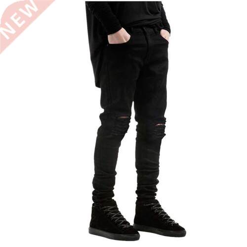 New Men lack Ripped Skinny Jeans Hip Hop swag Denim Scratch
