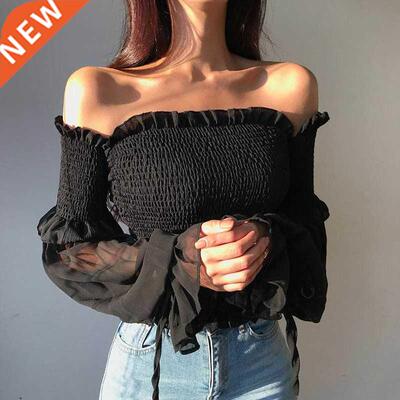 Fashion black Color Pleated Bow Women Ladies Long Sleeve Off