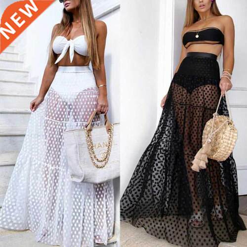 Women Summer Beach Sundress Boho Maxi High Waist Sheer Skirt