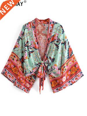 Boho Vintage Floral Print Sashes short Kimono Women 2021 Fas