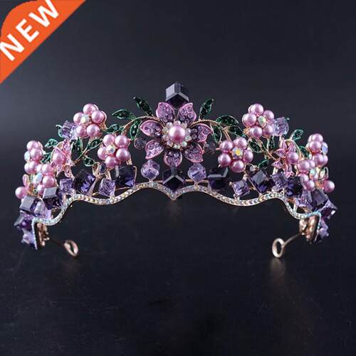 Luxury Baroque Purple Crystal Pearl Bridal Crown Tiara Magni