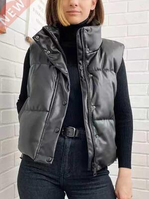 Elina Black Stand Collar Vests Women Fashion Zipper PU Leath