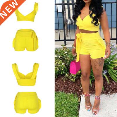 Two Pece Set Women Summer Crop Hgh Wast Shorts 2pcs Ruff