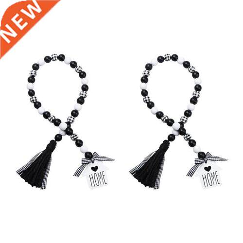 2X Farmhouse Wood Bead Garland,Black & White Plaid Rusti