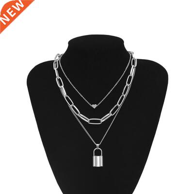 Hip Hop Multi Layers chain necklace with heart lock women/me