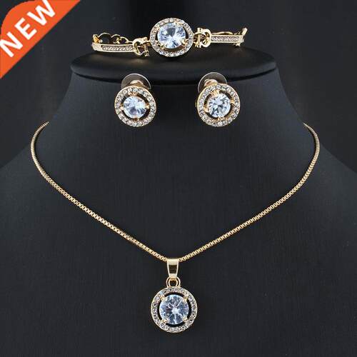 Simple Female White Crystal Jewelry Set Charm Gold Silver Co