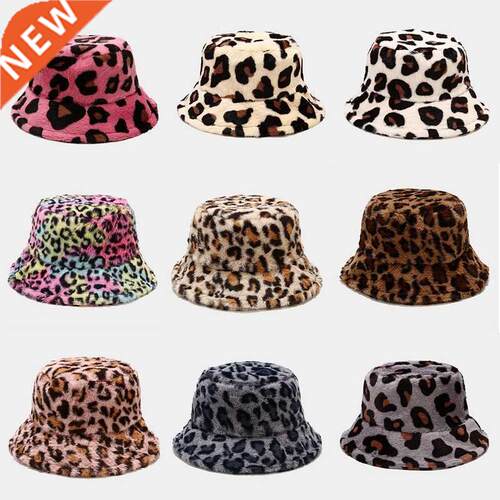Winter Cow Leopard Print Faux Fur Plush Bucket Hats For Wome