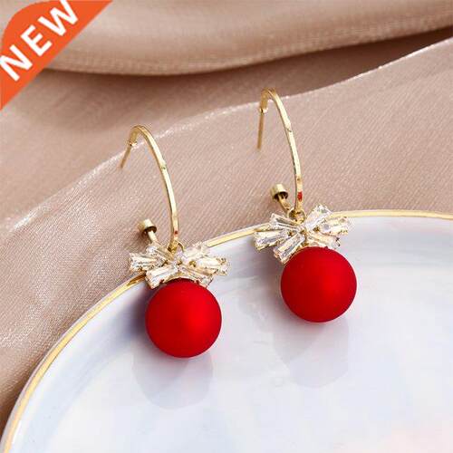 New Style Temperament Red Color Christmas Bow Stud Earrings