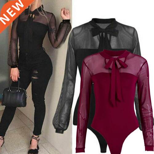 Women Bow Collar Elegant Bodysuit Shirts Tops Mesh Sheer Lon