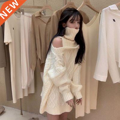 Sweater Women Design Sense High Neck Pullover Off shoulder