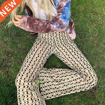 Ladies Casual Boot Pants Adult Color Block Wave Print High W