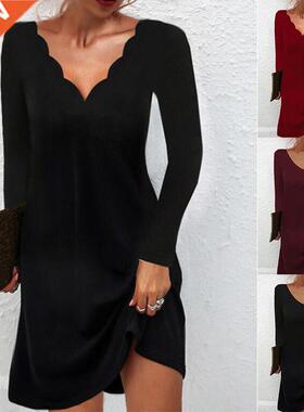 Elegant 2022 Early Spring V Neck Solid Color Dress Women Clo