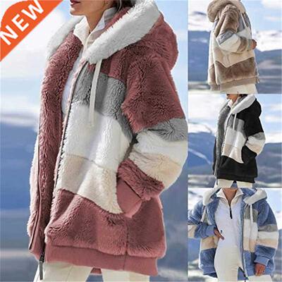 Women Warm Hooded Jacket Winter Zipper Casual Patchwork Loos
