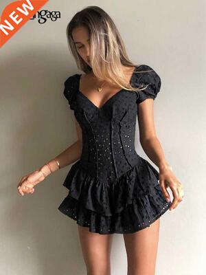 Darlingaga Fashion V Neck Ruffles Pleated Dress Women Puff S