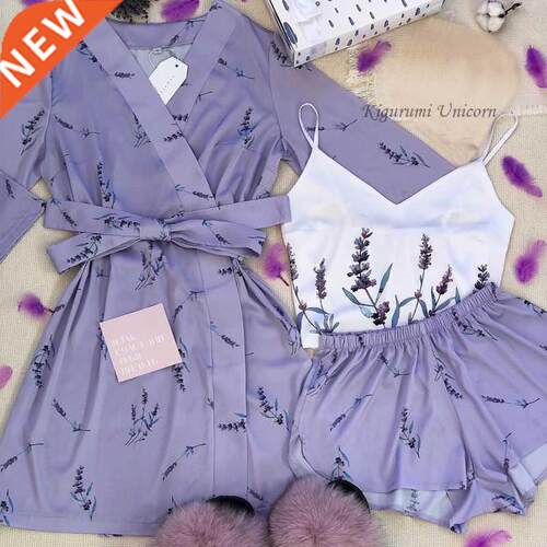 Floral Printed Spwear Silk Robe Suit Womens Satin Pajamas