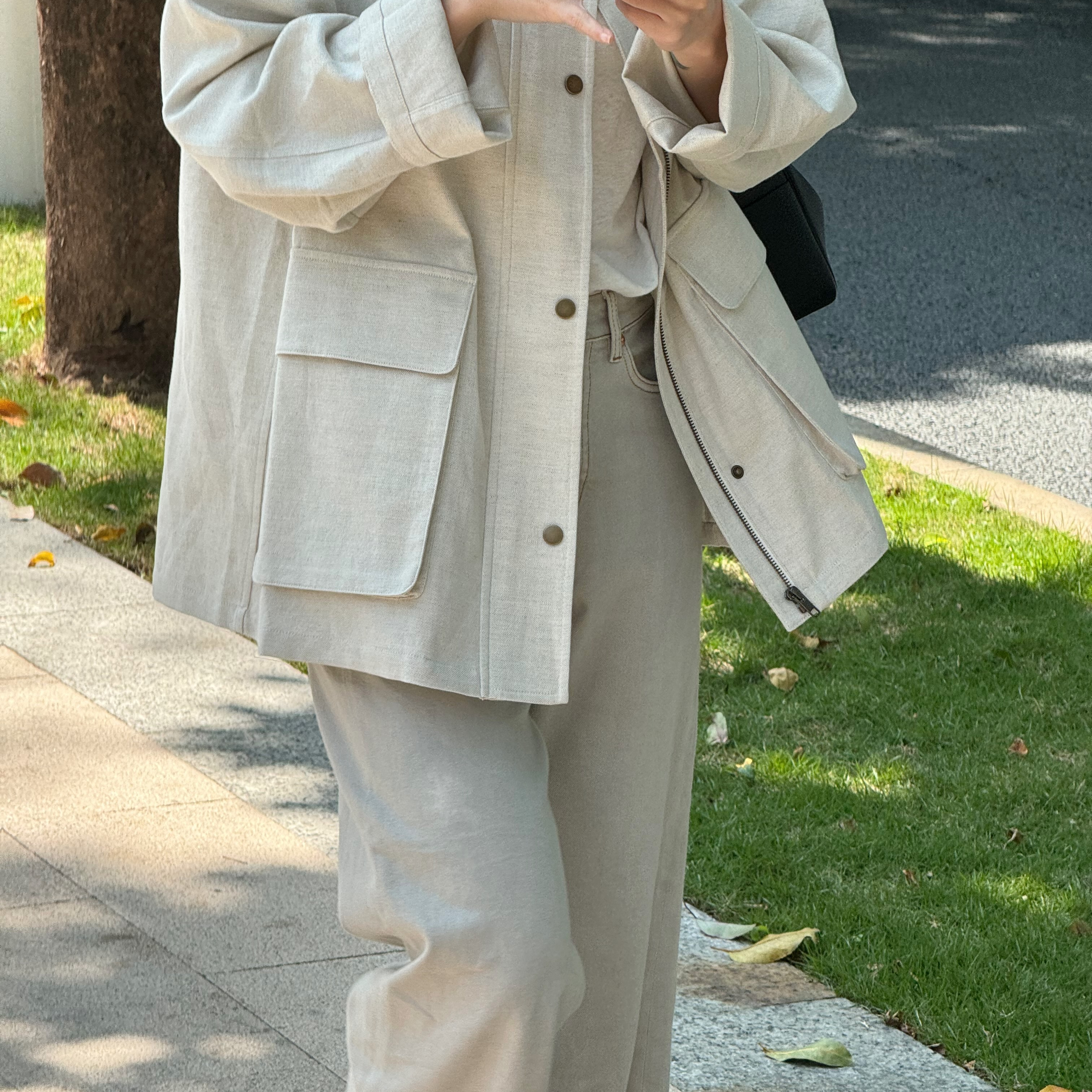 【SIRAN】翻领金属纽扣大口袋拉链棉麻夹克