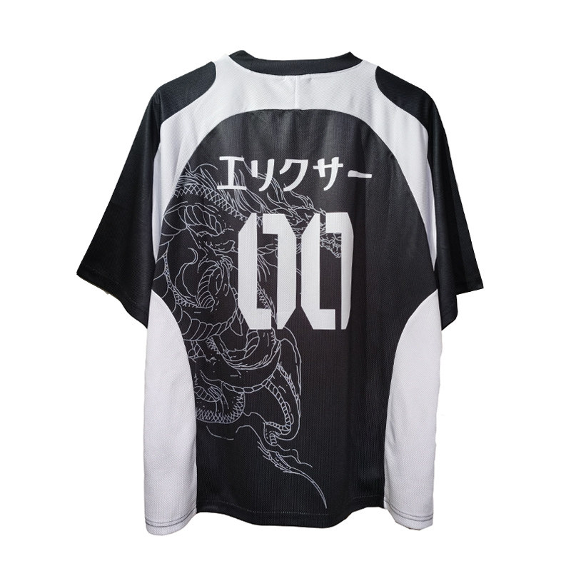 日系复古运动风龙纹印花短袖T恤男女黑白撞色网眼透气速干百搭tee