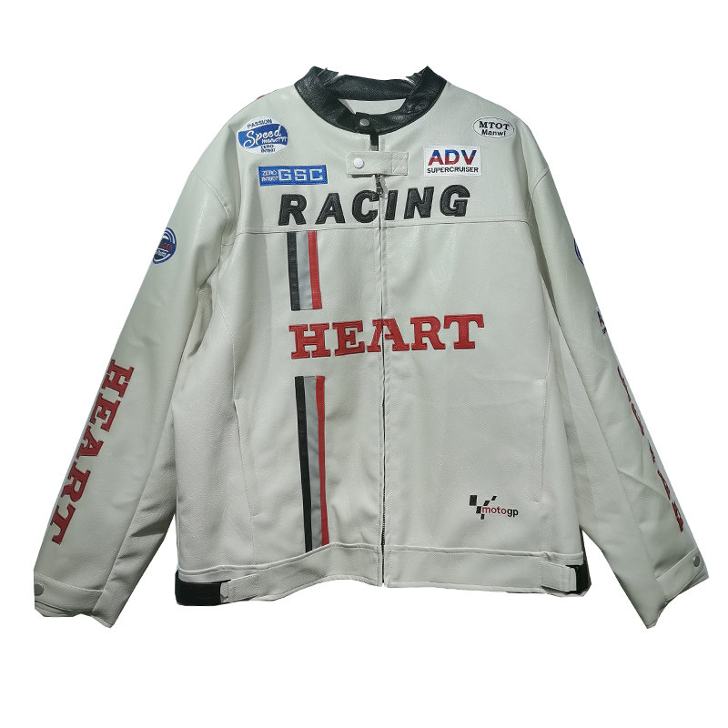 美式复古赛车拉链夹棉皮衣白色