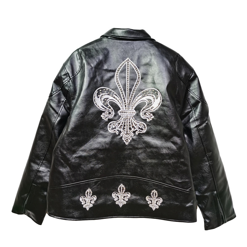 复古机车风黑色真皮皮衣男刺绣十字架短款夹克外套