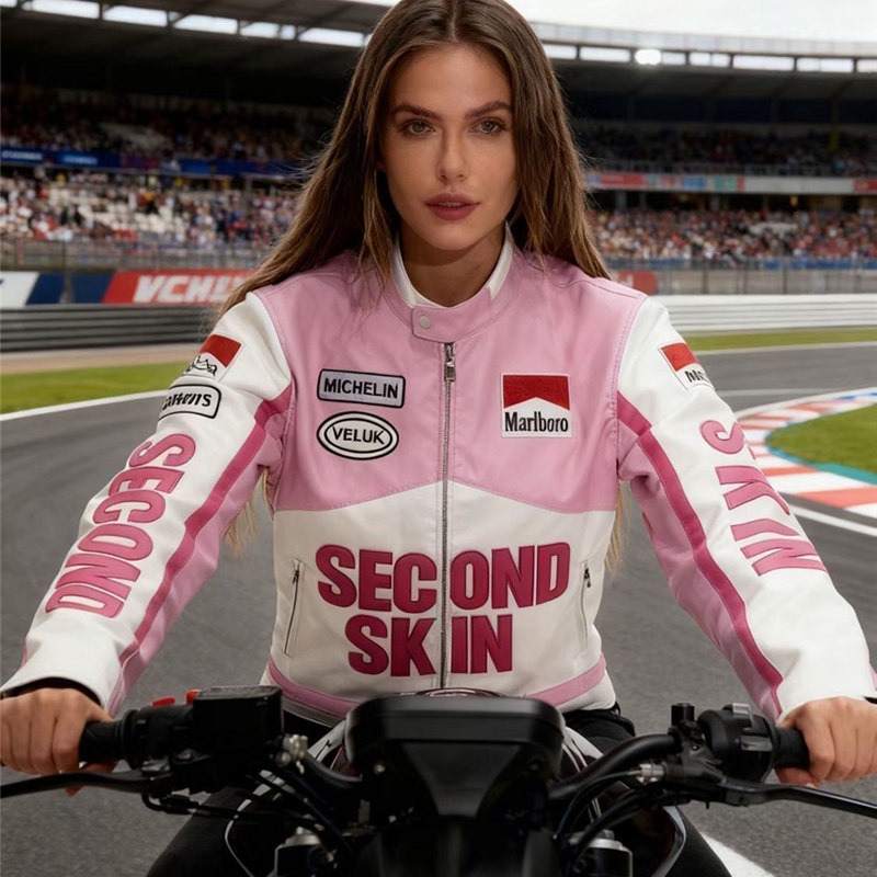 万宝路机车风PU皮衣男女款立领拉链撞色拼接字母刺绣赛车服夹克