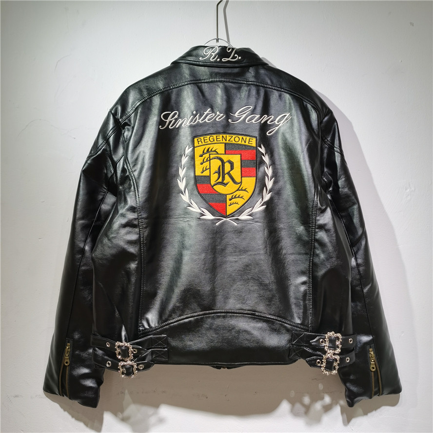 赛车刺绣机车加棉皮衣复古黑色外套男女翻领徽章金属扣装饰夹克