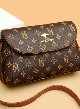 真皮小包女2025新款百搭老花印花翻盖斜挎包单肩包斜跨通勤小包包