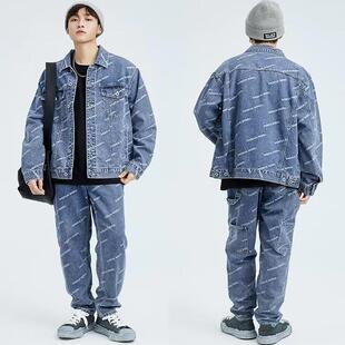港风潮Goiog男装秋季牛仔外套提花宽松休闲时尚夹克潮流牛仔套装