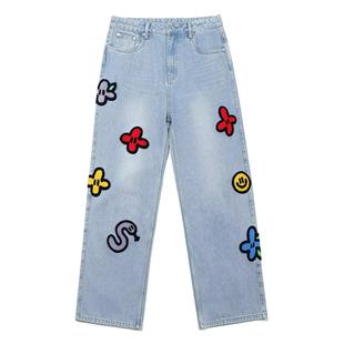 男刺绣直筒裤 微喇牛仔裤 女宽松潮 猫须情侣美式 Goiog港风网红同款