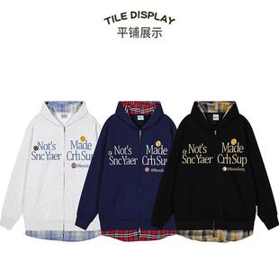 Giog美式复古假两件拼接加绒连帽卫衣女秋冬季情侣装休闲开衫外套