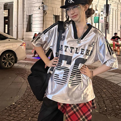 Goiog港风美式复古V领球衣T恤