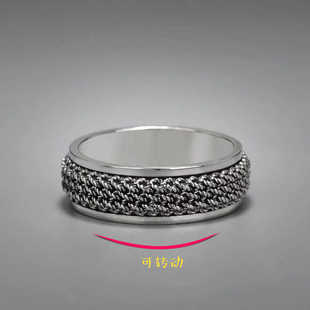 麻花旋转999纯银戒指个性做旧可转动编织指环女学生复古情侣对戒