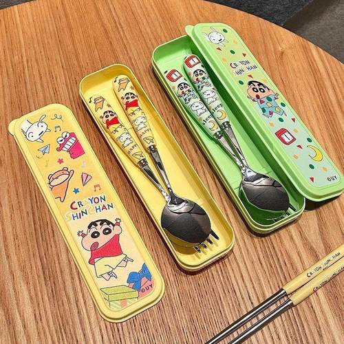 果麻家高颜值蜡笔小新不锈钢304陶瓷勺叉便捷餐具学生专用筷套装