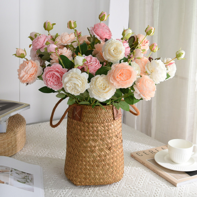 仿真玫瑰花西洋牡丹花篮家居装饰绢花人造花假花束客厅餐桌摆件