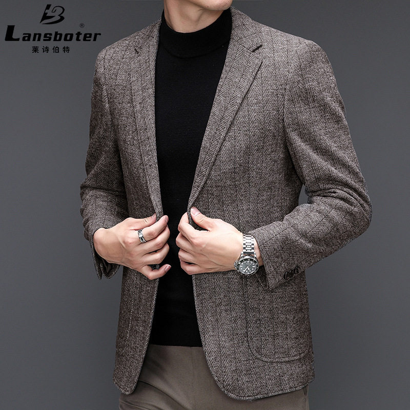 莱诗伯特秋冬新款免烫羊毛西装男士韩版修身潮流休闲西服呢子外套