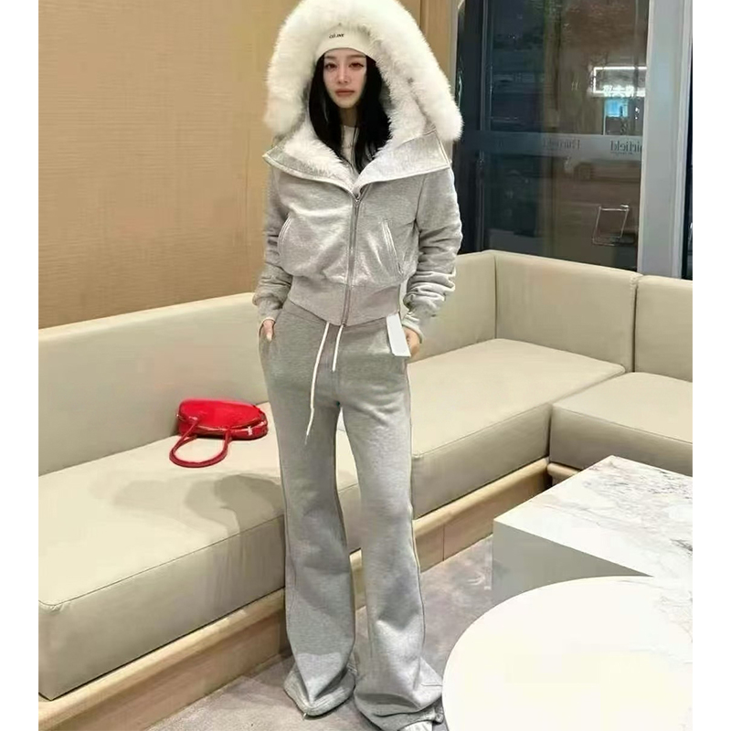 实体档口韩版毛领连帽拉链卫衣卫裤加绒套装女秋冬休闲百搭俩件套
