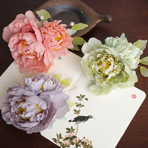 牡丹绢花发簪子发夹古风珍珠花朵小发钗仙女汉服配饰粉嫩浅色百搭