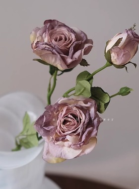 粉紫色玫瑰仿真花复古色干花花束高级感逼真客厅花艺插花氛围装饰