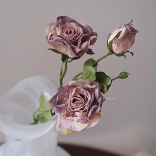 粉紫色玫瑰仿真花复古色干花花束高级感逼真客厅花艺插花氛围装 饰
