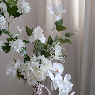 仿真花轻奢高端白色装 饰花卉高级感玫瑰花绣球蝴蝶兰郁金香高档花