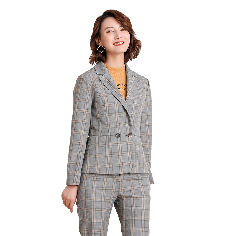 Own‘s/独角戏2019秋单排扣修身长袖西装领上衣显瘦格子小西装女