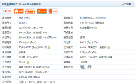 15.6寸微星GS65笔记本屏幕友达B156HAN08.0 144HZ IPS 72色域窄边