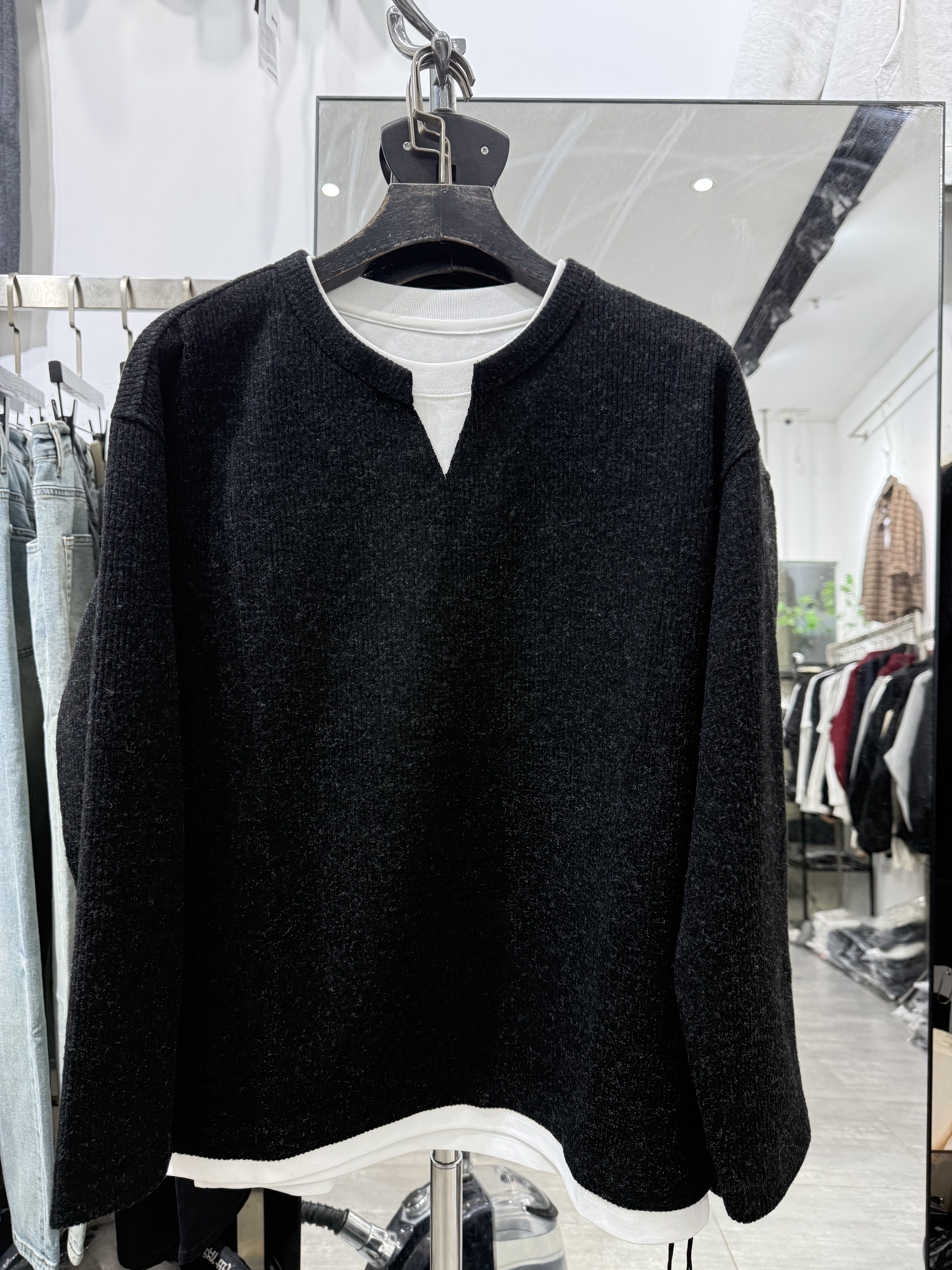 Moge5001新款陌格秋冬男士休闲长袖T恤宽松圆领男款潮牌假两件