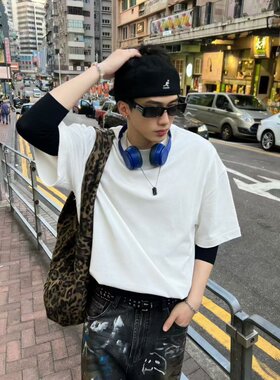 OT66606夏季新款男士短袖T恤高克重磅潮纯色学生落肩圆领学生纯棉