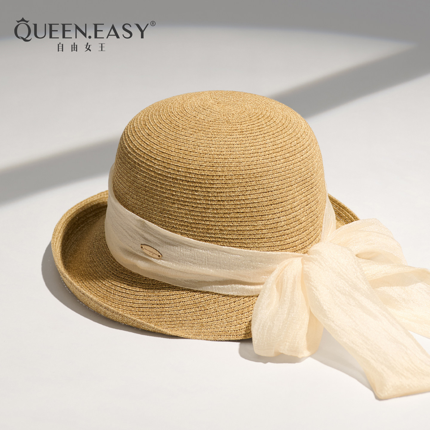 甜美度假风欧根纱蝴蝶结飘带草帽女遮阳夏季海边出游卷边渔夫帽子