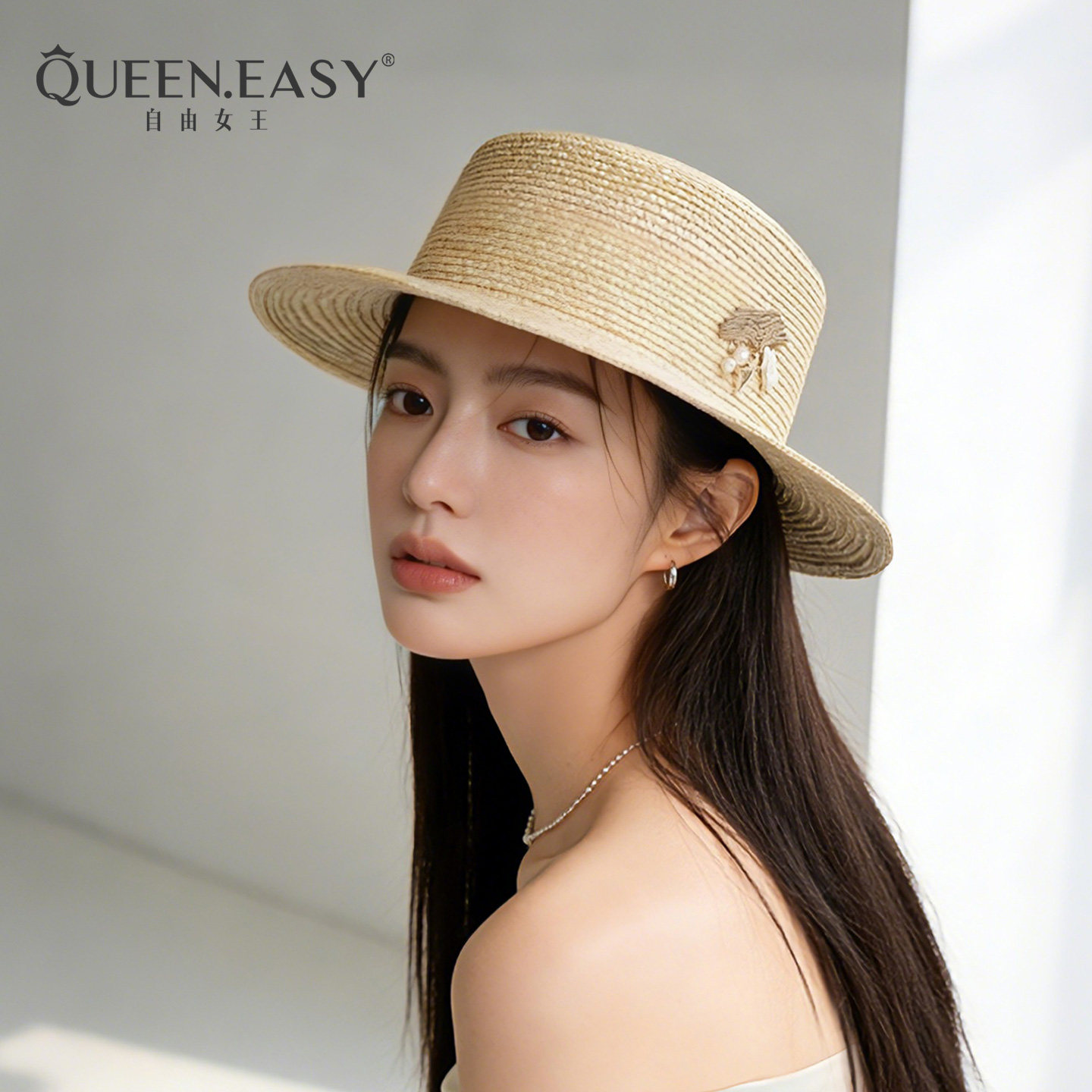 夏日法式优雅田园风银杏叶草帽女透气平顶礼帽天然麦草编织遮阳帽