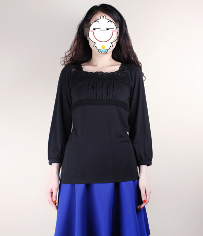 2019春装新款外贸原单纯棉蕾丝边方领泡泡袖七分袖T恤 日单T恤女