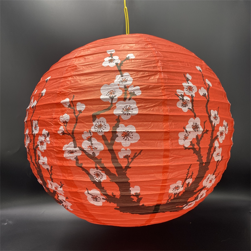 40cm纸灯笼圆古风墨竹梅花吊灯罩元旦节庭院居家店铺装饰折叠花灯