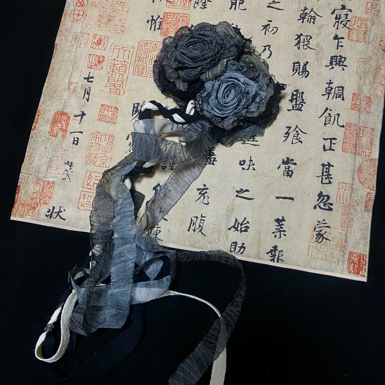 TeNg 《水墨》双花布艺手作仙丧玫瑰花胸针/颈花/腕花/发簪/发卡