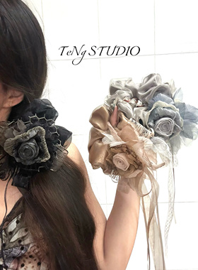 TeNg复古双层网纱玫瑰花飘带大肠发圈温柔百搭马尾发绳丸子头发饰